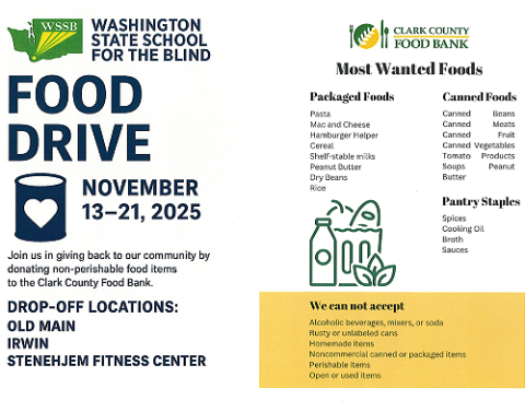 WSSB Food drive - packaged foods, canned goods, pantry staples
